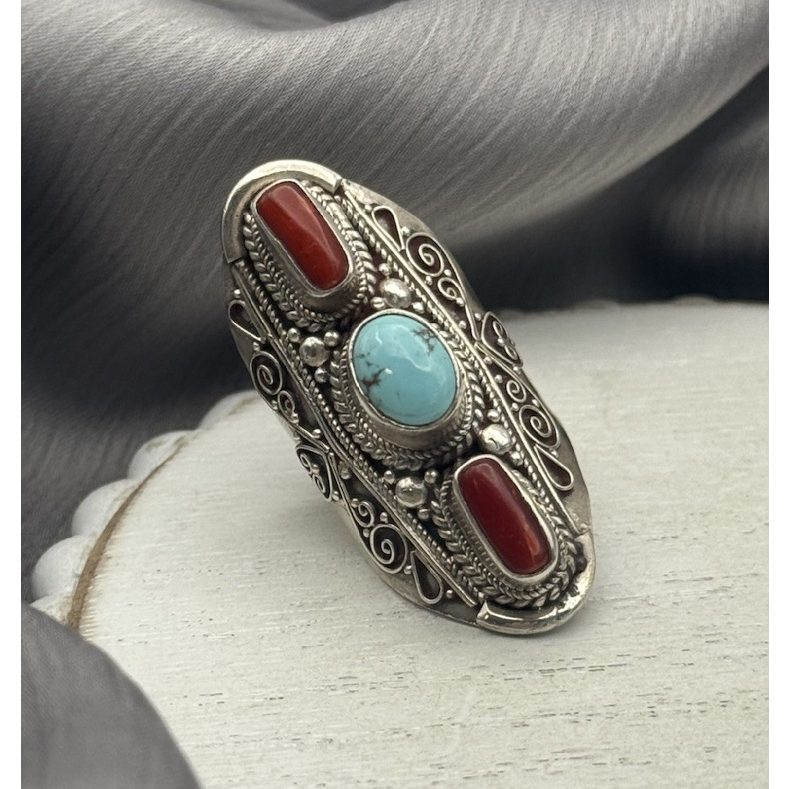 Vintage Sterling Silver Turquoise Coral Ring 20g Adjustable 16in 272$